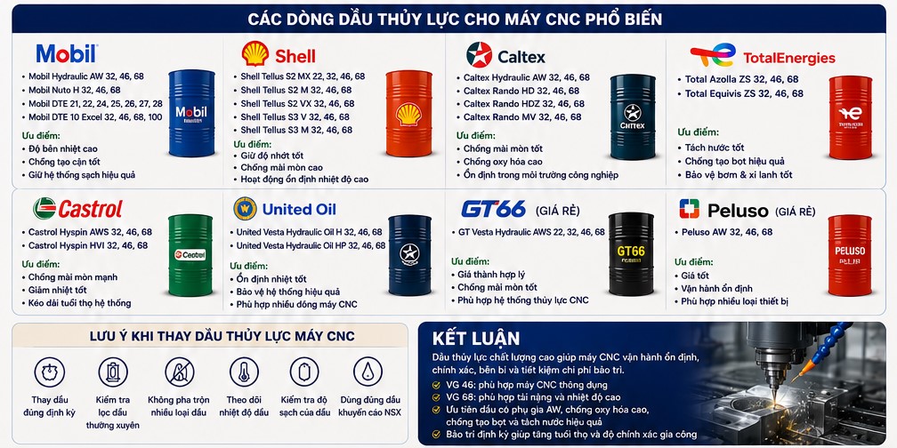 các thương hiệu dầu thủy lực cho máy cnc phổ biến nhất
