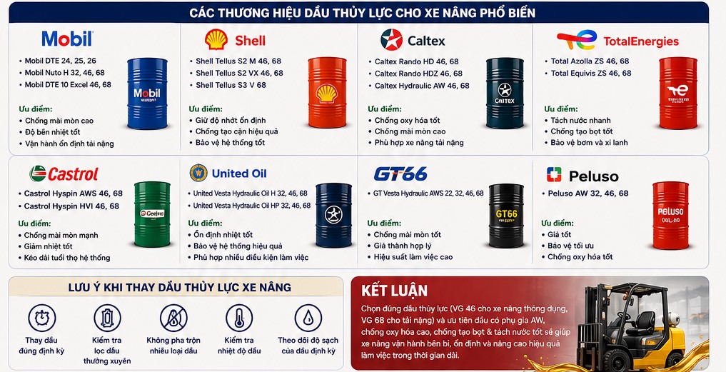 các thương hiệu dầu thủy lực phổ biến cho xe nâng