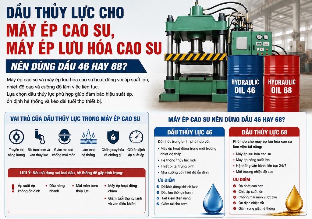dầu thủy lực cho máy ép cao su nên dùng dầu aw 46 hay 68