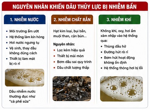 các nguyên nhân làm cho dầu thủy lực bị nhiễm bẩn